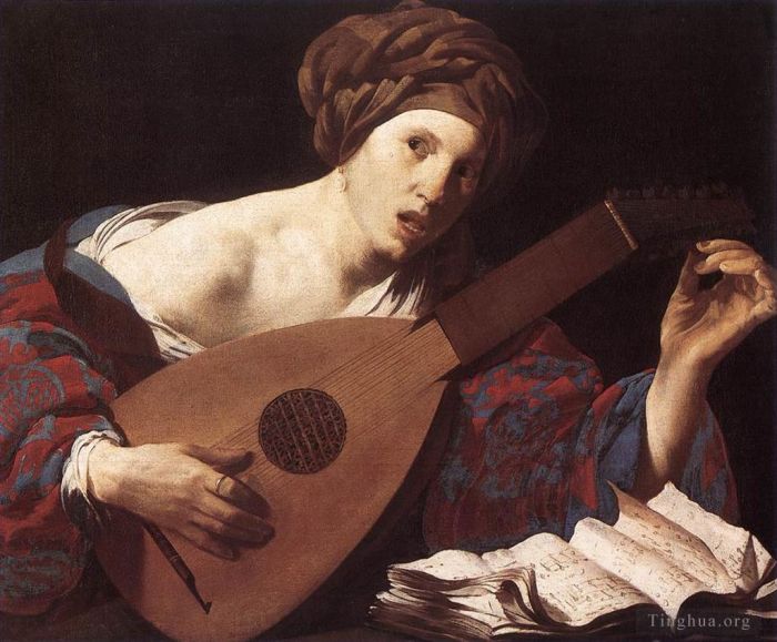 Hendrick ter Brugghen Peinture à l'huile - Femme jouant du luth