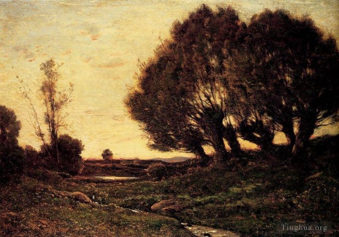 Henri-Joseph Harpignies Peinture à l'huile - Un paysage boisé avec un ruisseau