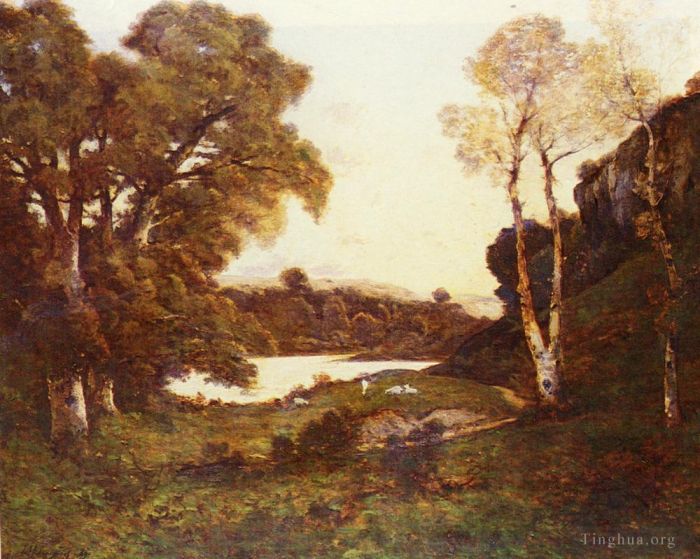 Henri-Joseph Harpignies Peinture à l'huile - Français 181 à 191Chèvres paissant au bord d'un lac