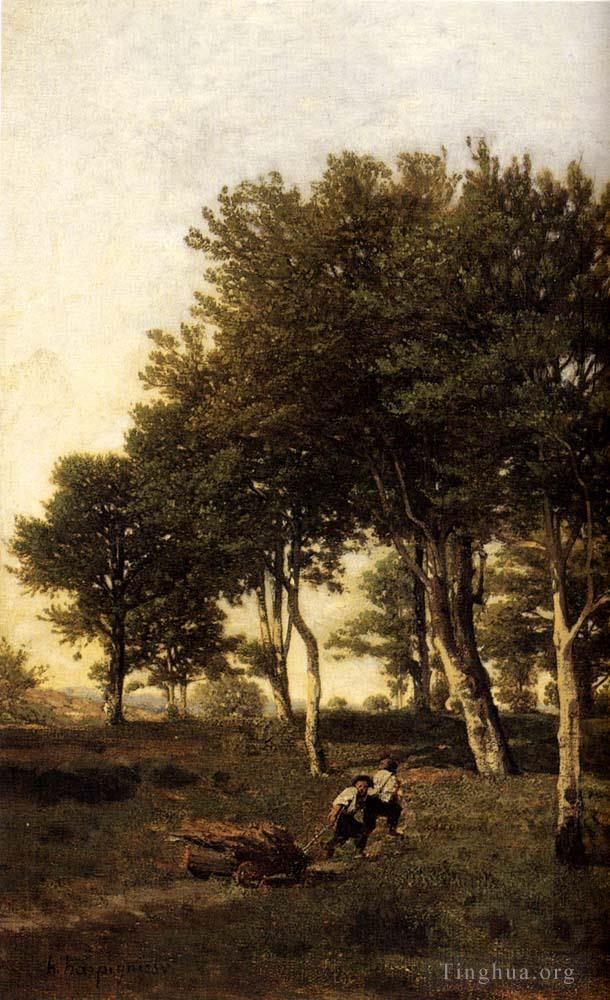 Henri-Joseph Harpignies Peinture à l'huile - Paysage avec deux garçons transportant du bois de chauffage