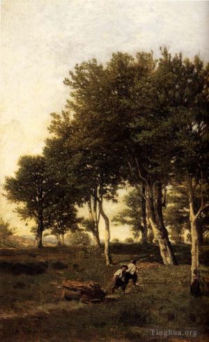 Henri-Joseph Harpignies œuvres - Paysage avec deux garçons transportant du bois de chauffage