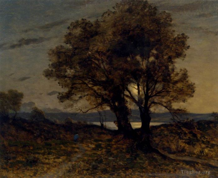 Henri-Joseph Harpignies Peinture à l'huile - Paysage Au Clair De Lune