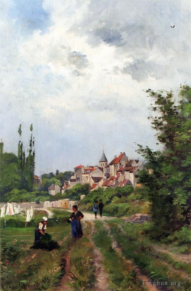 Henri-Joseph Harpignies Peinture à l'huile - Des lavandeuses en cours d'étude avec un village au-delà