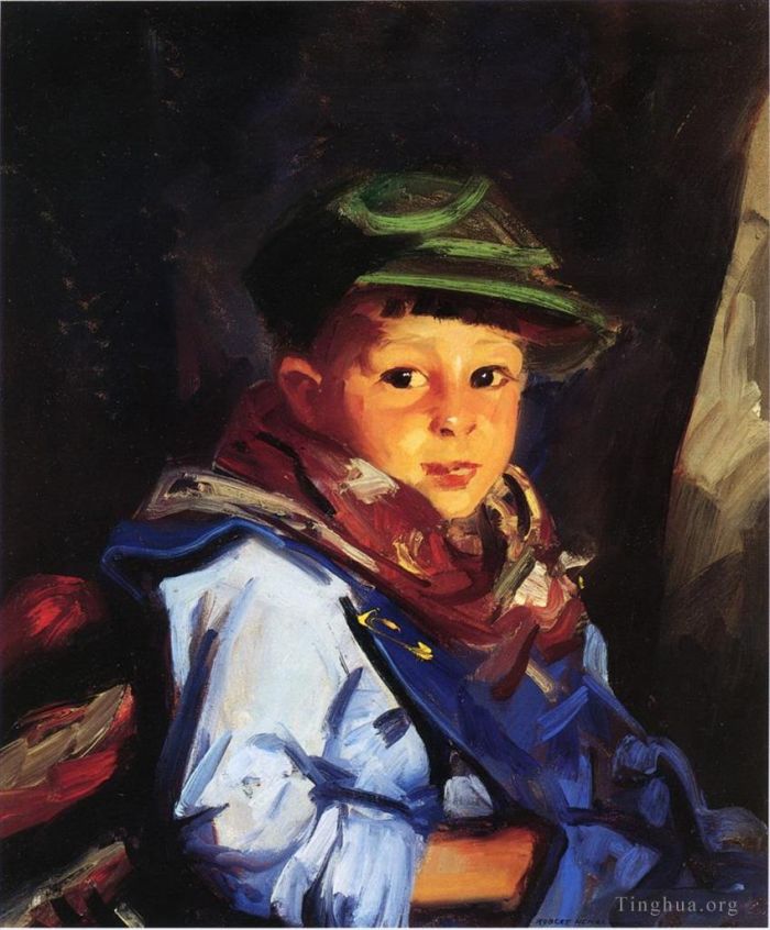 Robert Henri Peinture à l'huile - Garçon avec une casquette verte alias Chico