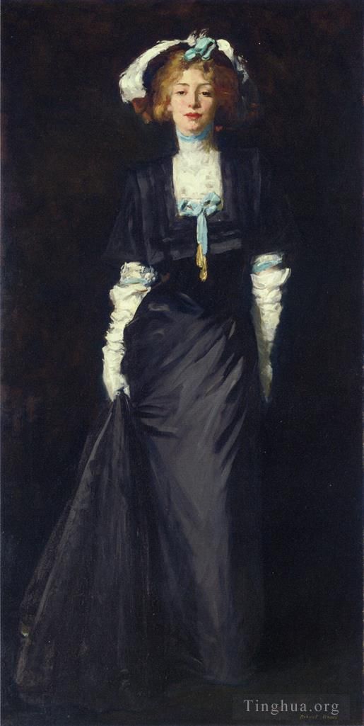 Robert Henri Peinture à l'huile - Jessica Penn en noir avec des plumes blanches