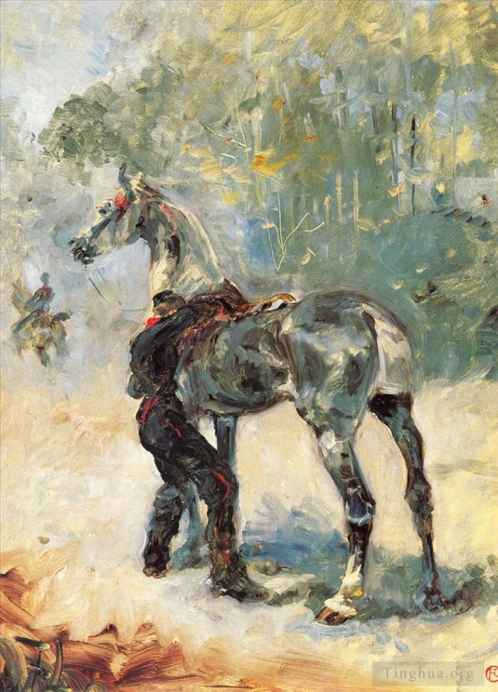 Henri de Toulouse-Lautrec Peinture à l'huile - Artilleur sellant son cheval 1879