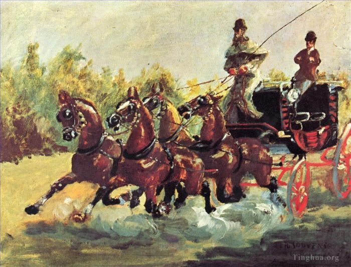 Henri de Toulouse-Lautrec Peinture à l'huile - Comte Alphonse de Toulouse Lautrec conduisant un attelage à quatre chevaux 1881