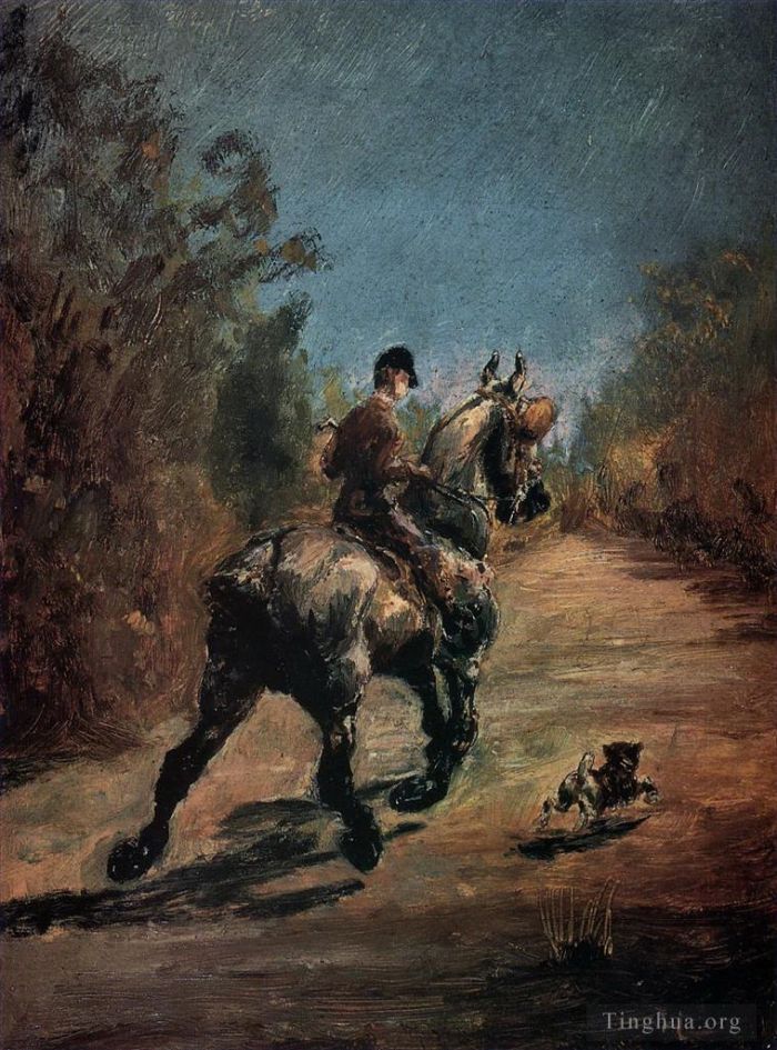 Henri de Toulouse-Lautrec Peinture à l'huile - Cheval et cavalier avec un petit chien 1879