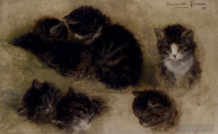 Henriette Ronner-Knip Peinture à l'huile - Études de chatons