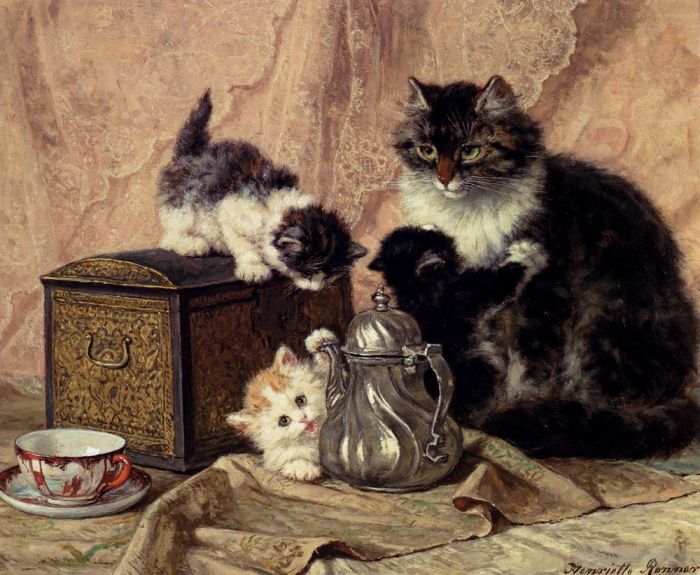 Henriette Ronner-Knip Peinture à l'huile - L'heure du thé pour les chatons