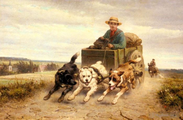 Henriette Ronner-Knip Peinture à l'huile - Le chariot à chien