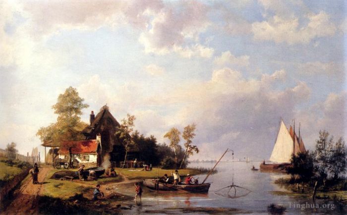 Hermanus Koekkoek Snr Peinture à l'huile - Un paysage fluvial avec un ferry et des personnages réparant un bateau