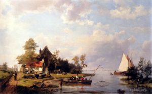 Hermanus Koekkoek Snr œuvres - Un paysage fluvial avec un ferry et des personnages réparant un bateau