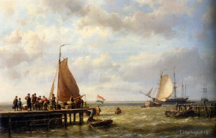 Hermanus Koekkoek Snr Peinture à l'huile - Approvisionnement d'un grand voilier au mouillage