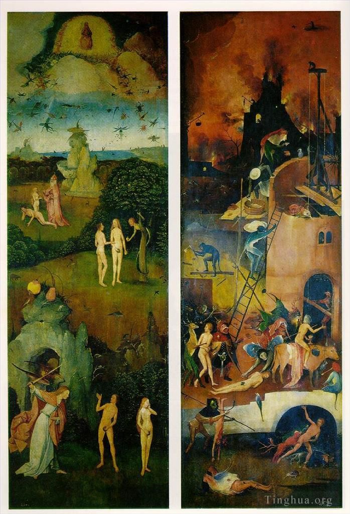 Jérôme Bosch Peinture à l'huile - Paradis et Enfer panneaux gauche et droit d'un triptyque moral