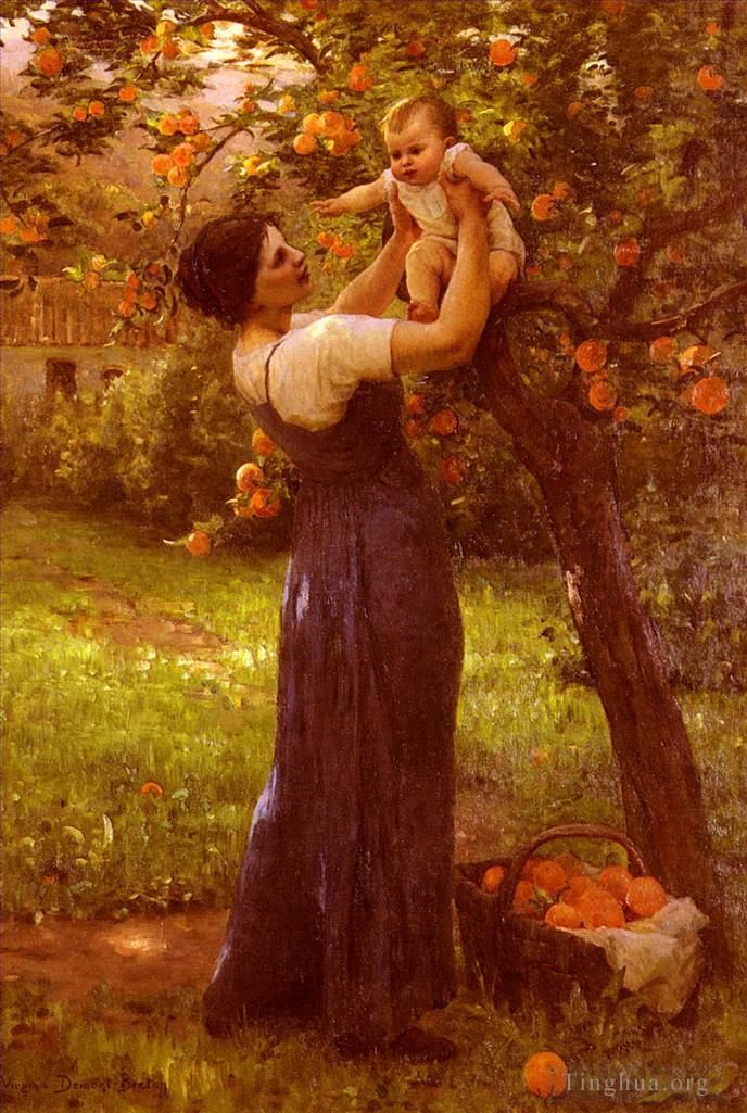 Hippolyte Camille Delpy Peinture à l'huile - Demont Breton Virginie Mère Et Enfant Dans Le Jardin