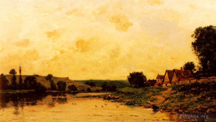 Hippolyte Camille Delpy Peinture à l'huile - Lavandière Au Bord De La Rivière