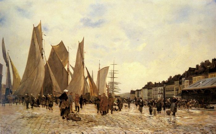 Hippolyte Camille Delpy Peinture à l'huile - Les quais de Dieppe