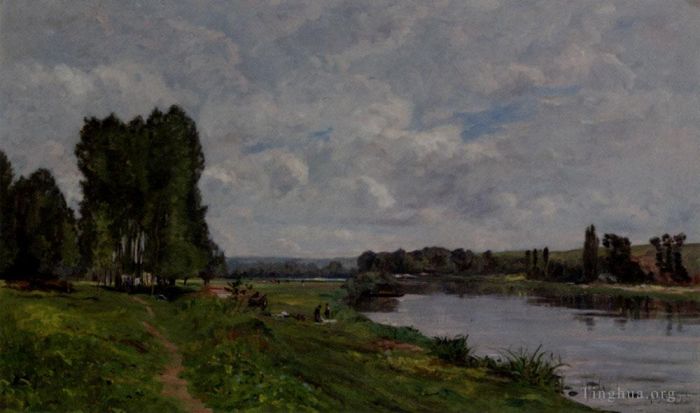 Hippolyte Camille Delpy Peinture à l'huile - Lavandière au bord de la rivière