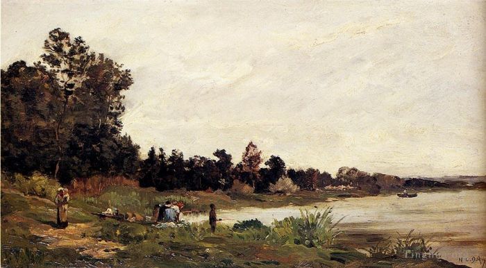 Hippolyte Camille Delpy Peinture à l'huile - Lavandières dans un paysage fluvial