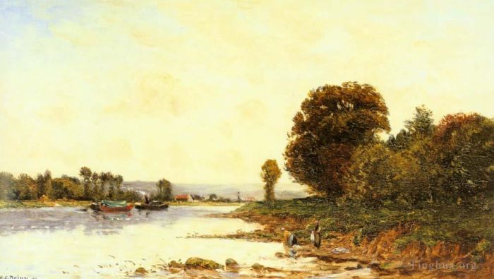 Hippolyte Camille Delpy Peinture à l'huile - Lavandières dans une rivière