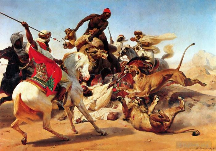 Émile Jean-Horace Vernet Peinture à l'huile - La chasse au lion arabe