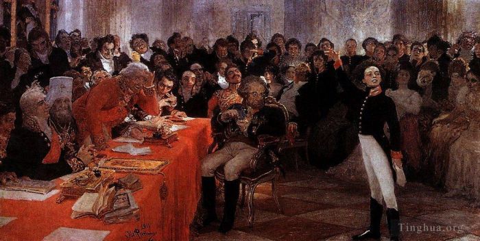 Ilya Repin Peinture à l'huile - Pouchkine en action au lycée le 1er janvier 181 lit son poème Souvenirs à Tsarskoïe Selo 1911