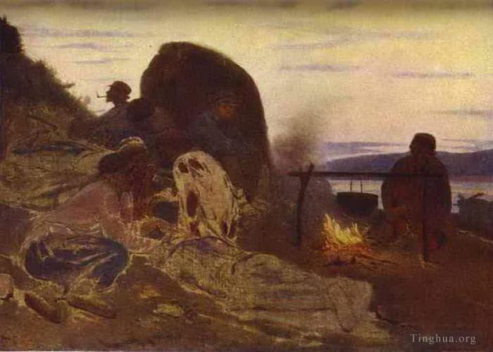Ilya Repin Peinture à l'huile - Transporteurs de barges par feu de camp 1870