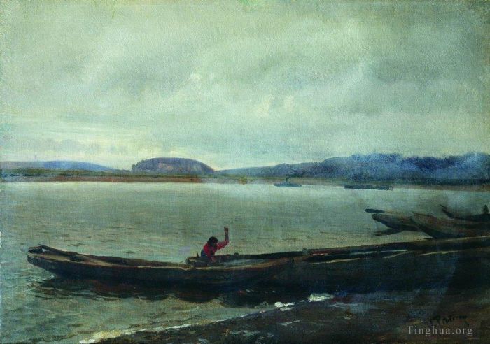 Ilya Repin Peinture à l'huile - Paysage de la Volga avec des bateaux 1870