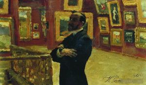 Ilya Repin œuvres - N a mudrogel dans la pose de Pavel Tretiakov dans les salles de la galerie 1904
