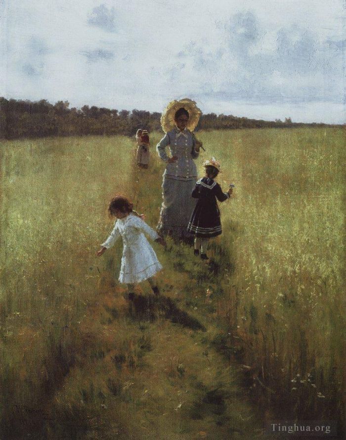 Ilya Repin Peinture à l'huile - Sur le chemin frontière va repina avec des enfants allant sur le chemin frontière 1879