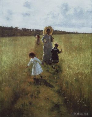 Ilya Repin œuvres - Sur le chemin frontière va repina avec des enfants allant sur le chemin frontière 1879