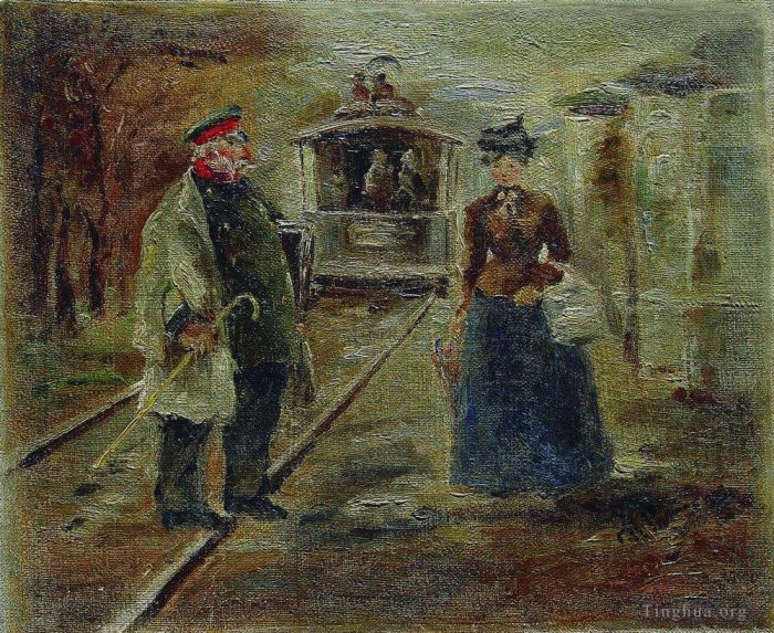 Ilya Repin Peinture à l'huile - Sur le quai de la gare, scène de rue avec un wagon qui s'éloigne