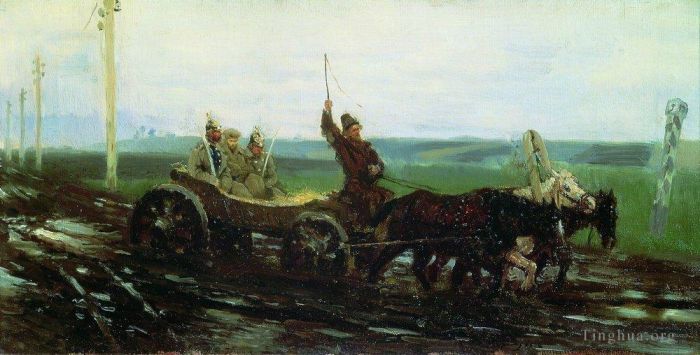 Ilya Repin Peinture à l'huile - Sous escorte sur la route boueuse 1876