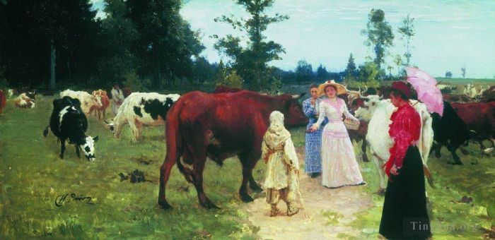 Ilya Repin Peinture à l'huile - Les jeunes femmes marchent parmi le troupeau de vaches
