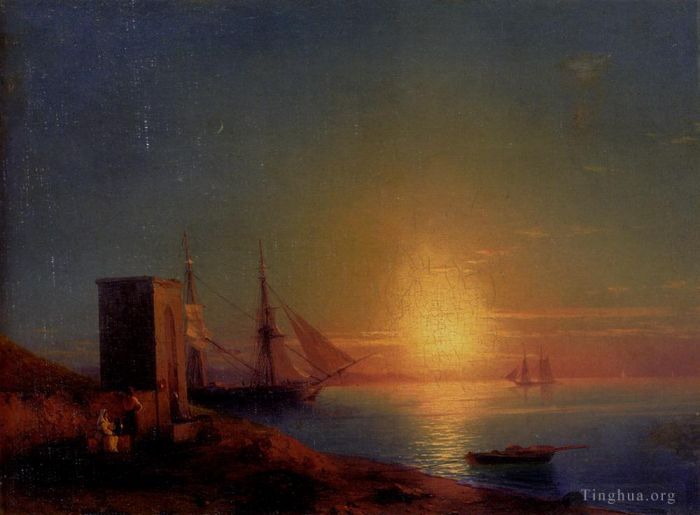Ivan Konstantinovich Aivazovsky Peinture à l'huile - Personnages dans un paysage côtier au coucher du soleil