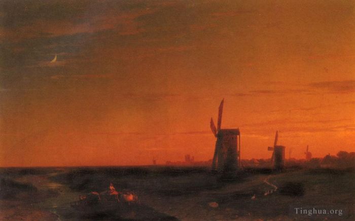 Ivan Konstantinovich Aivazovsky Peinture à l'huile - Paysage avec moulins à vent
