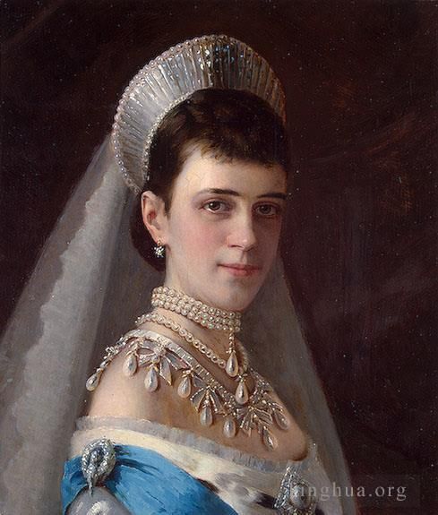 Ivan Kramskoi Peinture à l'huile - Portrait de l'impératrice Maria Fiodorovna dans une coiffe ornée de perles