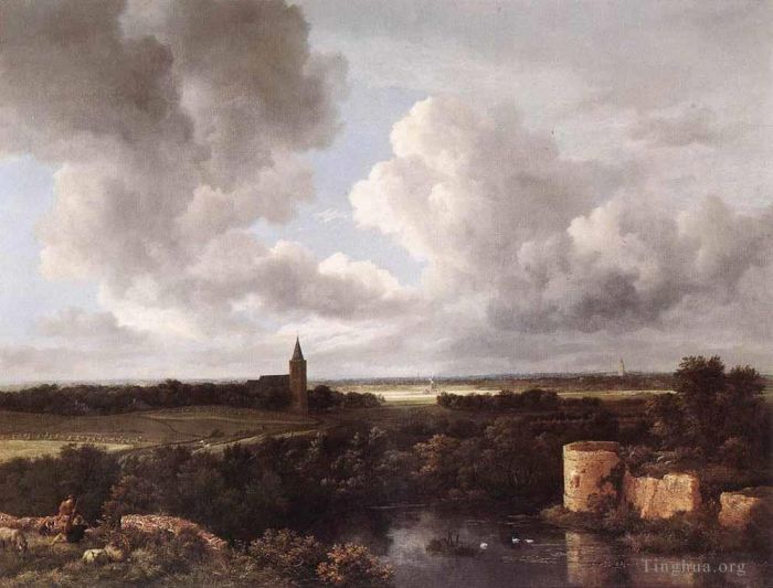 Jacob van Ruisdael Peinture à l'huile - Un vaste paysage avec un château en ruine et une église de village