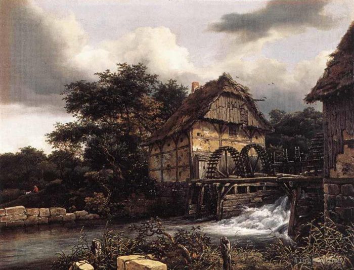 Jacob van Ruisdael Peinture à l'huile - Deux moulins à eau et écluse ouverte