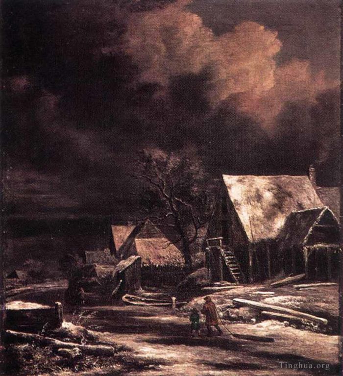 Jacob van Ruisdael Peinture à l'huile - Village en hiver au clair de lune