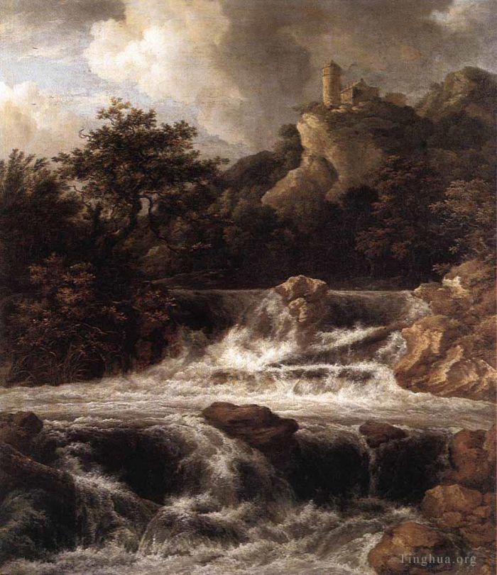 Jacob van Ruisdael Peinture à l'huile - Cascade avec château construit sur le rocher