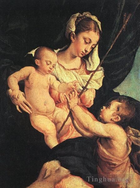 Jacopo dal Ponte Peinture à l'huile - Vierge à l'Enfant avec Saint Jean-Baptiste