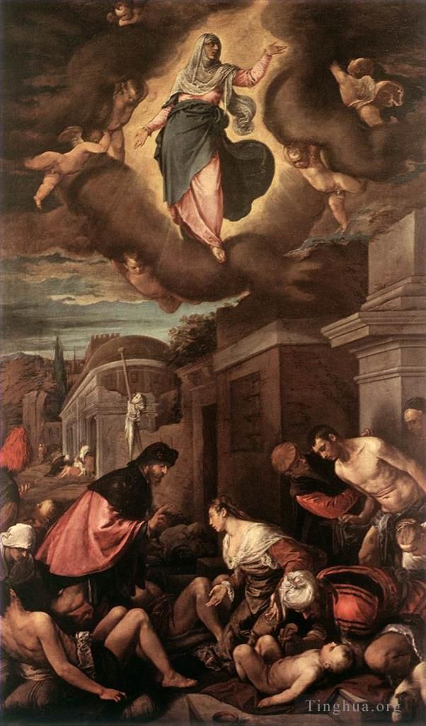 Jacopo dal Ponte Peinture à l'huile - St Roche parmi les pestiférés et la Madone en gloire