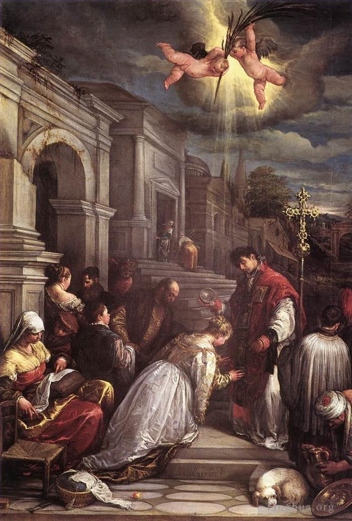 Jacopo dal Ponte Peinture à l'huile - St Valentin Baptisant Sainte Lucille