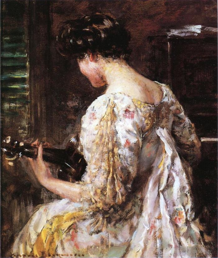 James Carroll Beckwith Peinture à l'huile - Femme avec guitare