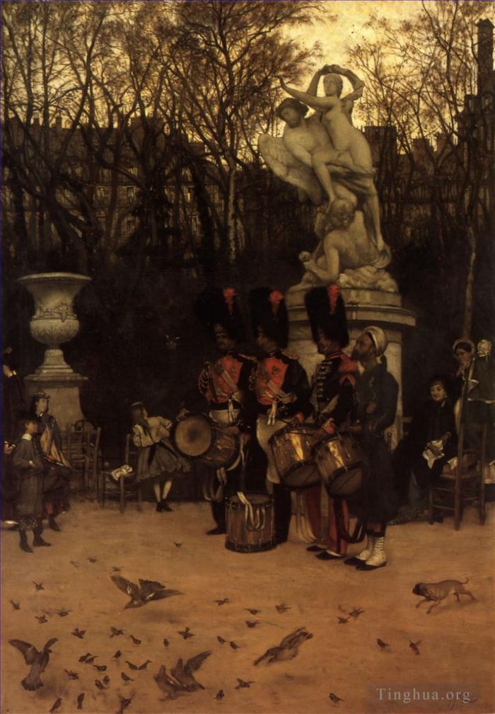 James Tissot Peinture à l'huile - Battre la retraite dans le jardin des Tuileries