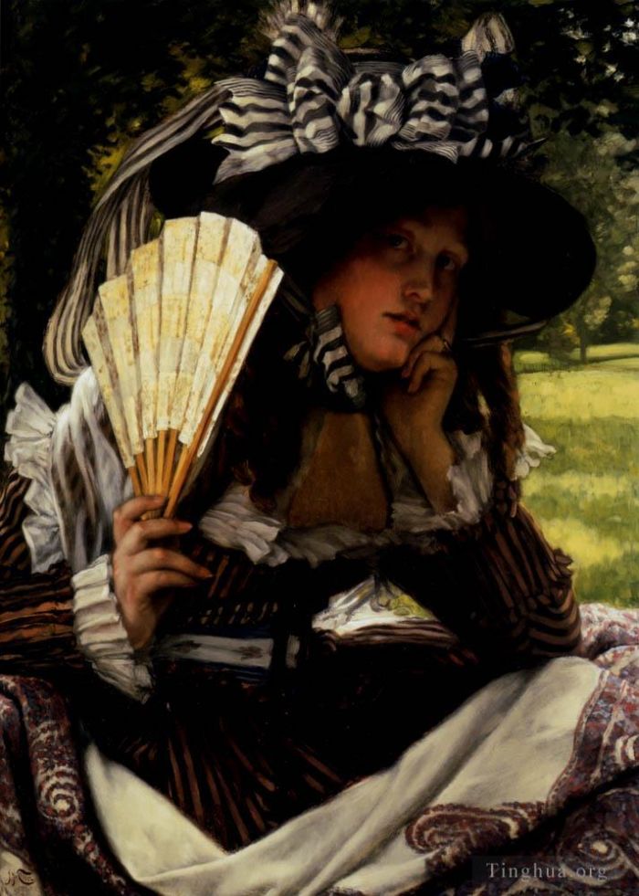 James Tissot Peinture à l'huile - Jeune Femme AL eventail