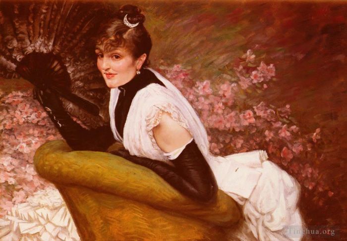 James Tissot Peinture à l'huile - Portrait De Femme A L'Éventail