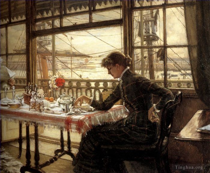 James Tissot Peinture à l'huile - Chambre avec vue sur le port